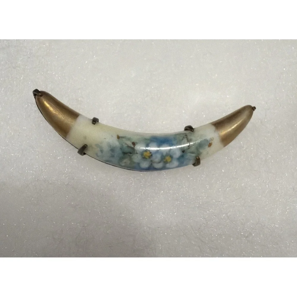 Antique Victorian Edwardian Floral Porcelain Pin Crescent Shape Brooch